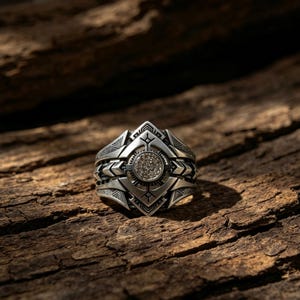 Puede incluir: Un anillo de tono plateado con un engaste circular central lleno de pequeñas piedras transparentes. La banda muestra intrincados grabados geométricos, incluyendo patrones triangulares y líneas que irradian desde el centro.