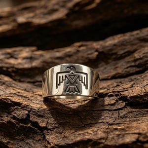 Sydvästlig Thunderbird-ring, 925 sterlingsilver med brett band, oxiderade bohemiska västerländska smycken, rustik statement-ring för män och kvinnor