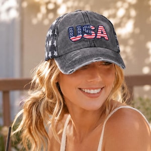 Distressed USA Flag Embroidered Baseball Cap, Adjustable Twill, Womens Trucker Hat