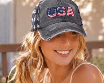 Distressed USA Flag Embroidered Baseball Cap, Adjustable Twill, Womens Trucker Hat