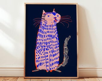 Impresión de arte de pared de gato, lindo, moderno, caprichoso, abstracto, rosa, azul, impresión digital, minimalista, decoración del hogar, póster de gato único, decoración de pared de gato rosa
