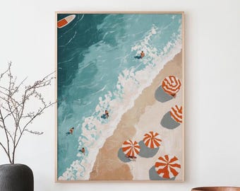 Beach Wall Art Aerial Ocean Print Coastal Summer Poster with Orange Umbrella Swimmers Digital Download Minimalist Beach Decor for Home