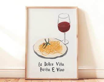 Italian Print Pasta Wall Art Printable Pasta Lover Print Wine and Spaghetti Kitchen Decor La Dolce Vita Poster Hand Painted Food Wine Print