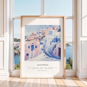 Santorini Wand Kunst Griechenland Reise Poster griechische Landschaft Mittelmeer Wohnkultur griechische Insel Architektur Aquarell Stil digitaler Download