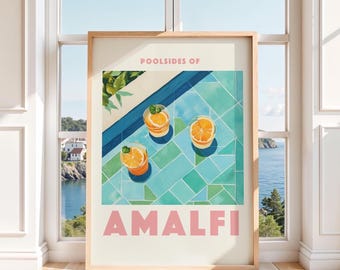 Reise-Wand-Kunst-Druck Digitaler Download Sommer-Cocktail Poster Für Küche oder Wohnzimmer Moderne Amalfi am Pool Illustration Wohnkultur