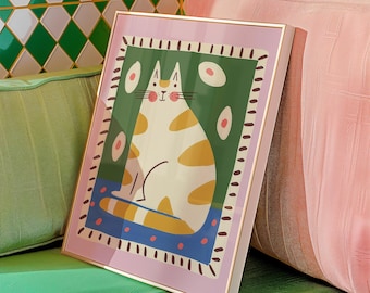 Decorazione murale con gatto divertente, arte digitale stampabile, decorazione murale con illustrazione di animali stravaganti, poster con colori vivaci, opera d'arte con gatto giocoso, regalo per amanti dei gatti.