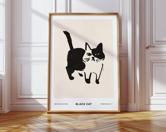 Funny Black Cat Wall Art Print Playful Kitten Illustration Poster for Cat Lovers