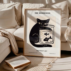 Black Cat and fish Art Print, Cute Cat Illustration, Playful Cat Poster, Cat Lover Gift, Funny Cat Wall Art,  Minimalist Animal Print