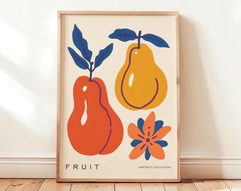 Arte de pared de frutas, impresión de arte abstracto de frutas, decoración de cocina retro, arte de pared de pera moderno de mediados de siglo, póster minimalista de descarga digital imprimible