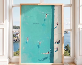 Swimming Pool Art Print Summer Vacation Wall Art People Swimming Pool Poster Modern Beach Wal Decor Swimmer Painting Beach House Decor Print