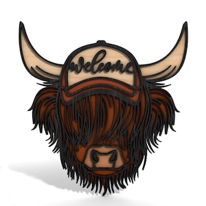 Highland Kuh Türschild svg, geschichteter runder Aufhänger, Highland Kuh Willkommen Türschild svg, modernes Bauernhausdekor Glowforge svg, Türschild geschnitten