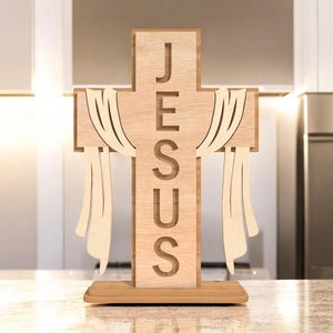 Laser Cut Standing Cross SVG, Religious Table Decor Glowforge File, Christian Wood Cross Template, Faith Home Decor Digital File