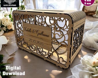Puede incluir: Una caja de madera con un diseño en forma de corazón, personalizada con los nombres "Isabelle & Guillaume" y la fecha "25.10.2015". La caja tiene 4,6 cm de alto y está disponible en espesores de 3 mm, 4 mm y 5 mm.