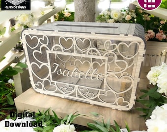Puede incluir: Caja de madera para tarjetas de boda con un diseño de corazón y el nombre "Isabelle" grabado en la parte delantera. La caja tiene 1,8 pulgadas de alto y está disponible en espesores de 3 mm, 4 mm y 5 mm.