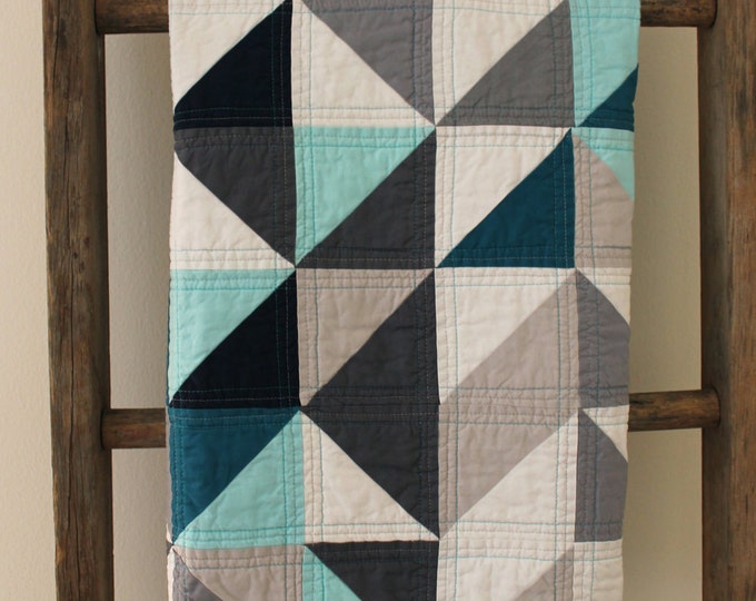Grey and Blue Geometric Baby Quilt. Etsy