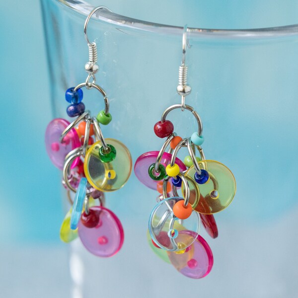 Button Dangle Earrings - Bright Colorful Multicolored Rainbow by randomcreative on Etsy