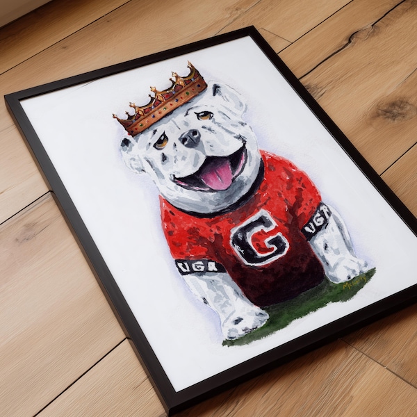 UGA Georgia Bulldog Championship watercolor Art Print: Uga with Crown wall decor (unframed)