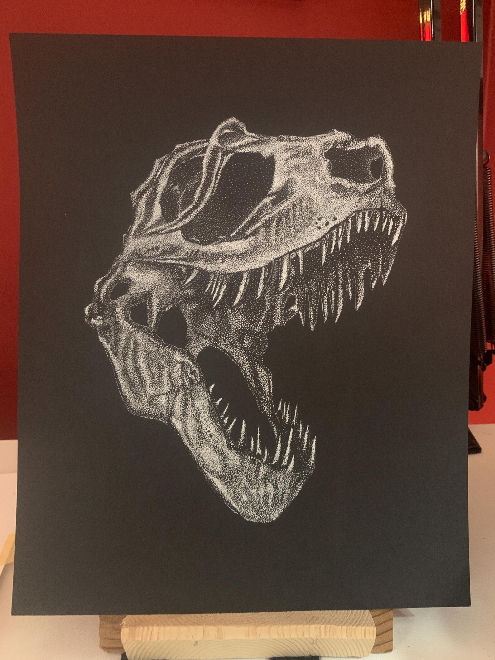 Tyrannosaurus Rex t-rex Skull Art Print. White Pen & Ink on Black ...