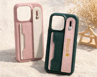 Gepersonaliseerde leren iPhone-hoesje, kaarthouder schoudertasje met lychee-print, aangepaste initialen iPhone 15 14 13 12 Pro Max