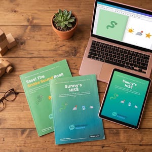 May include: Two green educational booklets titled Ssss! The Snake Sound Book and Sunny's HISS, a tablet displaying Sunny's HISS, a laptop showing a green snake graphic, a small succulent, wooden blocks, a toy car, glasses, and a green knit snake.