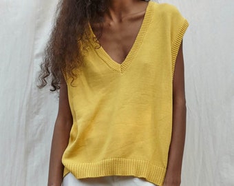 Women’s Handmade Loose Fitting Knit Vest ONE SIZE Oversized Yellow Organic Cotton V-neck Sweater