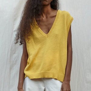 Womens Handmade Loose Fitting Knit Vest ONE SIZE Oversized Yellow Organic Cotton V-neck Sweater image 1