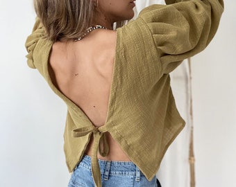 Women’s Handmade Open Back Puff Sleeve Shirt with Front Tie Bolero Long Sleeves Minimalist Linen Bohemian Shirt Casual Wear