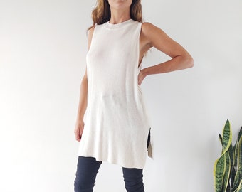 Women’s Long Rib Knit TankTop - White or Black - ONE SIZE Slit Side Sleeveless Tunic Blouse Casual Minimalist Knitwear - HANDMADE