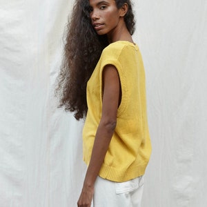 Womens Handmade Loose Fitting Knit Vest ONE SIZE Oversized Yellow Organic Cotton V-neck Sweater image 2