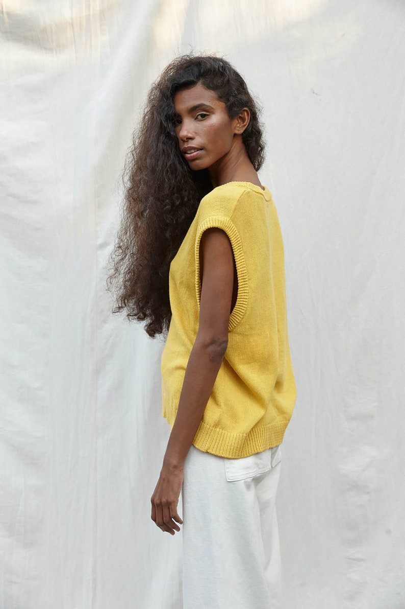 Womens Handmade Loose Fitting Knit Vest ONE SIZE Oversized Yellow Organic Cotton V-neck Sweater image 2