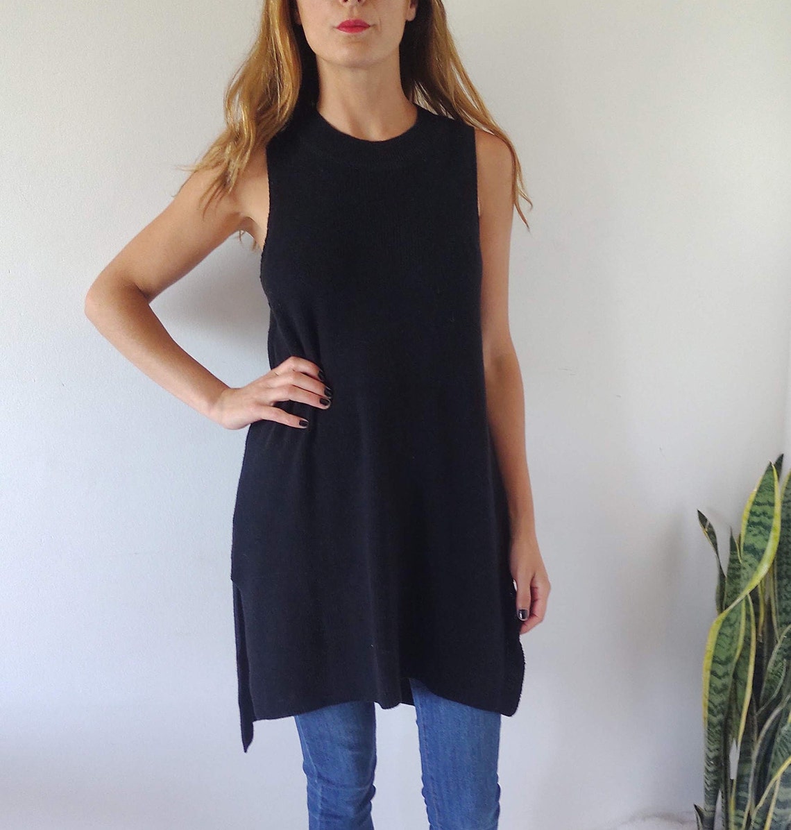 Long Tank Top for Women White or Black Rib Knit ONE SIZE Slit Etsy