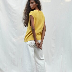 Womens Handmade Loose Fitting Knit Vest ONE SIZE Oversized Yellow Organic Cotton V-neck Sweater image 3
