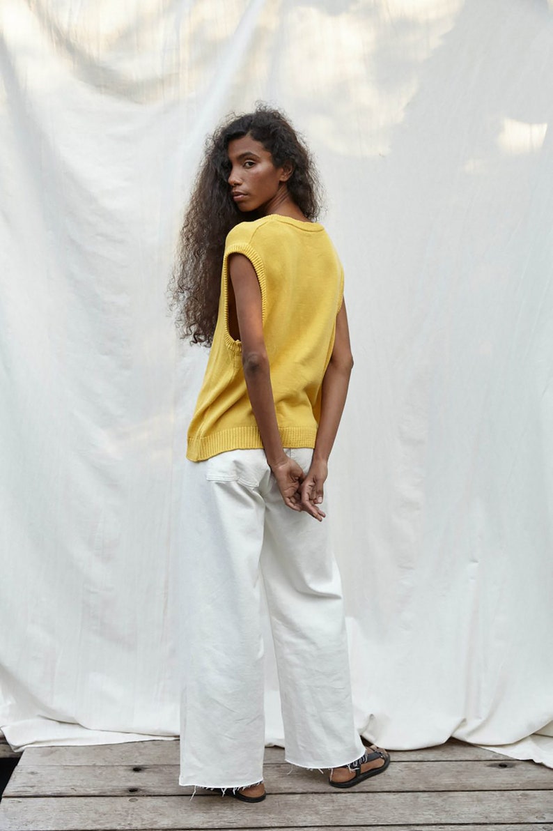 Womens Handmade Loose Fitting Knit Vest ONE SIZE Oversized Yellow Organic Cotton V-neck Sweater image 3