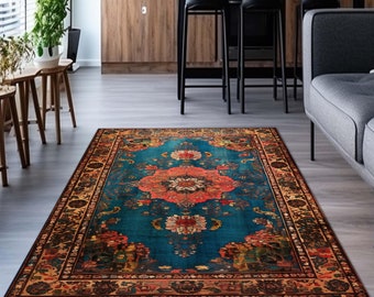 Red Kilim Rug, Red Floral Rug 8x10, Heriz Rug, Oriental Rug, Multi Color Rug, Rugs For Living Room, Turkish Oushak Rug, Rustic Blue Rug