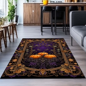 Botanical Pumpkin Carpet Vintage Aesthetic Fall Lovers Decor | Autumn Decoration Eclectic Art Dark Academia Elegant Carpet,Halloween Concept