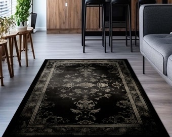 Vintage Black Gothic Rug Kilim, High Quality Ultra Soft Gothic Rug, Turkish Area Rug,4x6 6x10 3x5 5x8 Rug; Large Size Black Living Room Rug