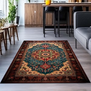 Red Kilim Rug, Red Floral Rug 8x10, Heriz Rug, Oriental Rug, Multi Color Rug, Rugs For Living Room, Turkish Oushak Rug, Rustic Blue Rug