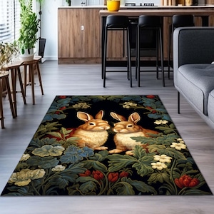 Bunnies in the Woodland Rug | Spring Bunnies Room Decor William Morris Inspired Forest Aesthetic Fairycore Bedroom Floral Bunny Victorian