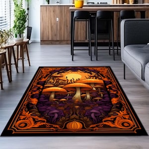 Botanical Pumpkin Carpet Vintage Aesthetic Fall Lovers Decor | Autumn Decoration Eclectic Art Dark Academia Elegant Carpet,Halloween Concept