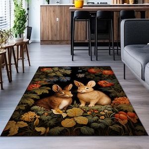 Bunnies in the Woodland Rug | Spring Bunnies Room Decor William Morris Inspired Forest Aesthetic Fairycore Bedroom Floral Bunny Victorian