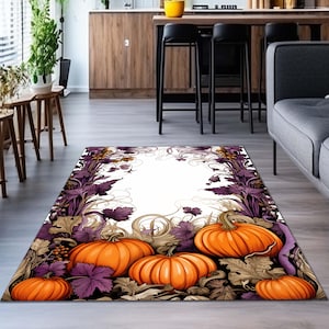 Botanical Pumpkin Carpet Vintage Aesthetic Fall Lovers Decor | Autumn Decoration Eclectic Art Dark Academia Elegant Carpet,Halloween Concept