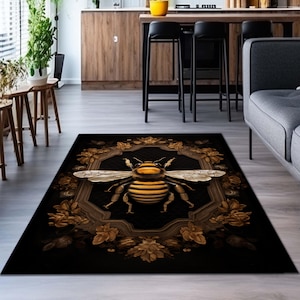 Black Bee Runner|Honeycomb Area Rugs|Crown Non Slip Carpet|Hexagon Floor Art|Yellow Machine Washable Carpet|Gold Fringed Mat|Custom Rugs