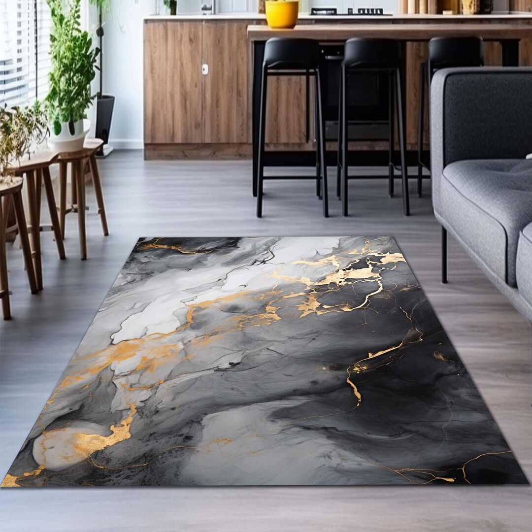 Gray and Gold Marble Rug: Modern Alcohol Ink Art Rug - Etsy