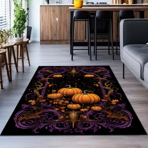 Botanical Pumpkin Carpet Vintage Aesthetic Fall Lovers Decor | Autumn Decoration Eclectic Art Dark Academia Elegant Carpet,Halloween Concept