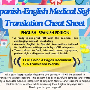 以下が含まれることがあります： スペイン語と英語の医療用語の翻訳シート。黄色と青のシートに「Spanish-English Medical Sight Translation Cheat Sheet」と「English-Spanish Edition」の文字が書かれています。シートには、医療用語とその翻訳のリストが記載されています。また、購入ごとに1ドルがTranslators Without Bordersに寄付されることも記載されています。