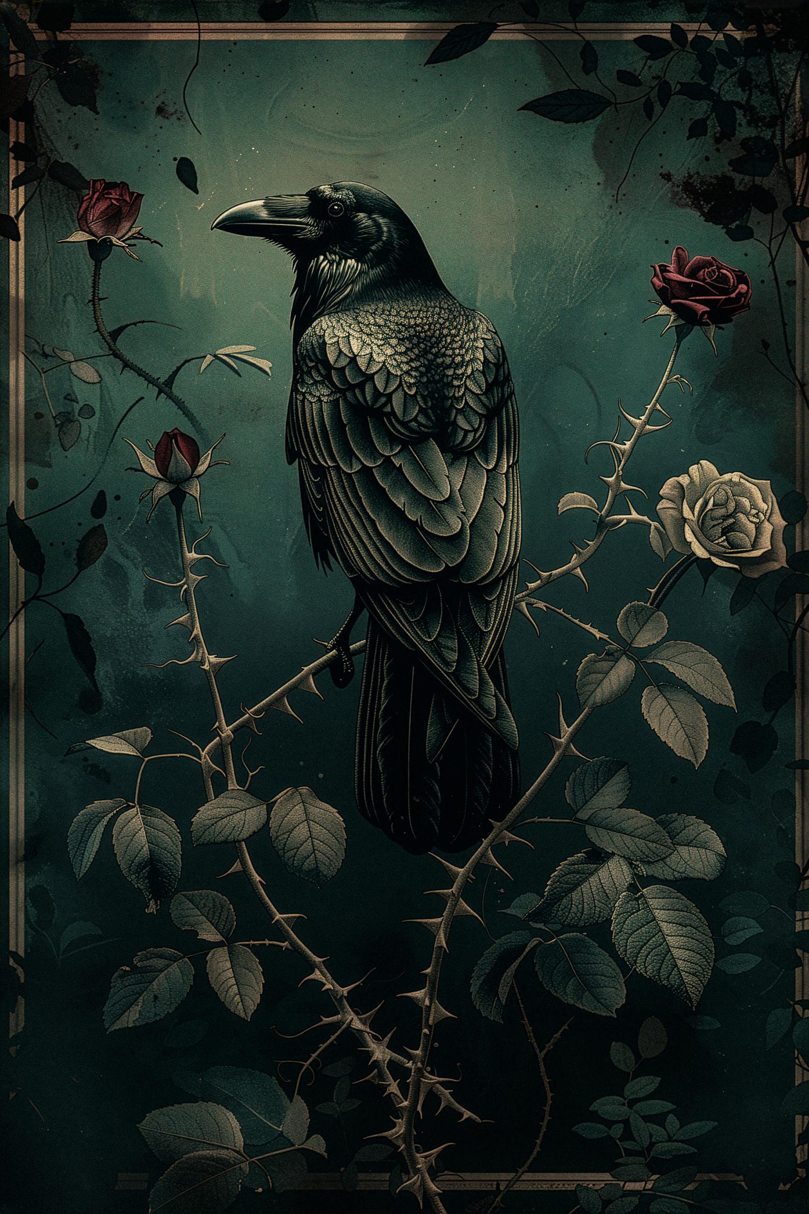 Gothic Raven Print, Dark Academia Crow Artwork, Moody Roses (digital ...
