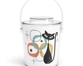Atomic Cat Ice Bucket with Tongs, Mid Century Modern Barware, Retro Cat Bar Cart Decor, MCM Entertaining Gift, Acrylic Ice Bucket