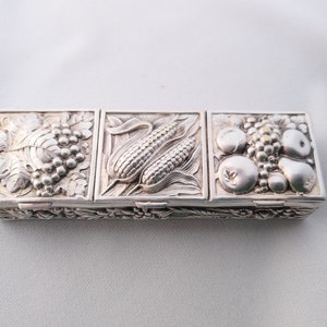 Exquisite Silver  Ornate Box Repousse Chrysanthemums Floral Hexagon