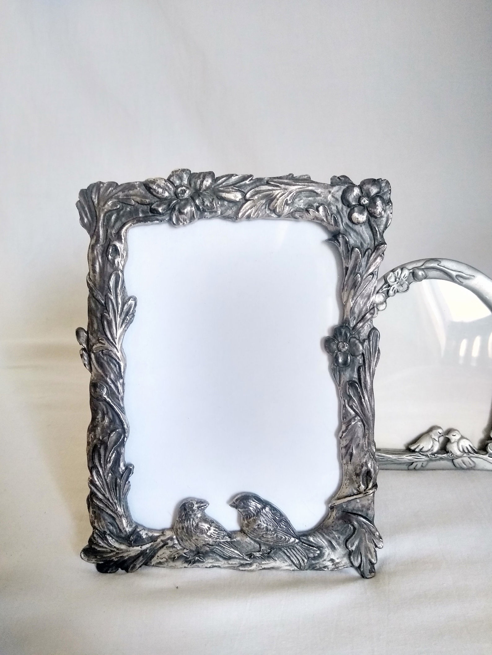 2 Vintage Pewter Picture Frames Love Birds Floral Garden Etsy