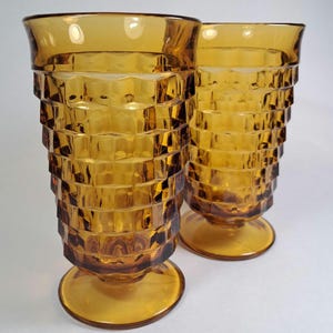 Vintage Amber Cubist Footed Iced Tea Glasses Indiana Whitehall Set of 2